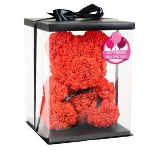 Miś z róż czerwony "Wszystkiego Najlepszego" 40cm
