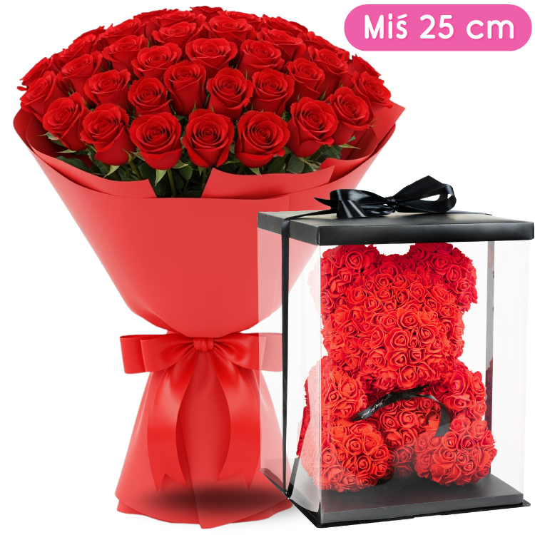 Różane Wyznanie (13 róż) + Miś z róż